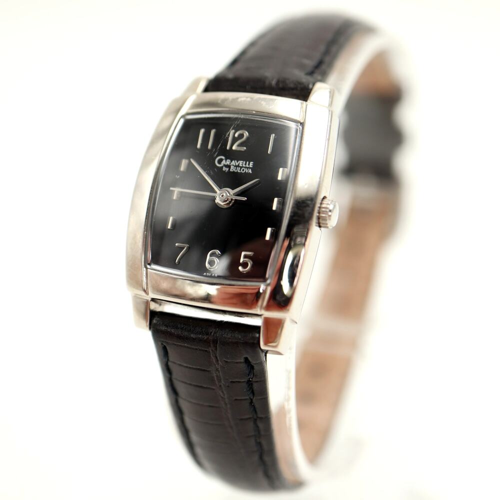 Caravelle Bulova 20mm Silver Tone Barrel Women Watch Black Leather w New Battery